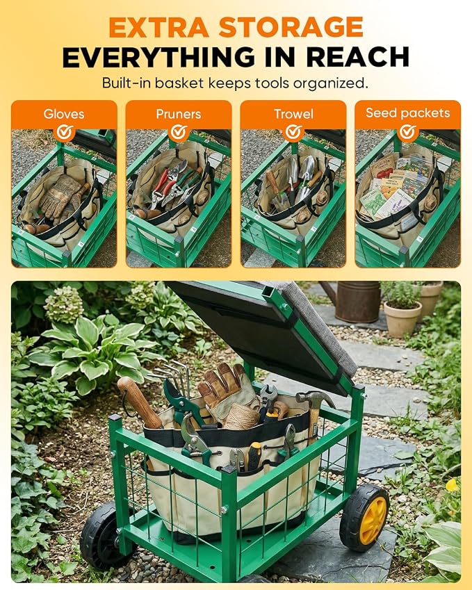 Saker Rolling Work Seat with Wheels - 15.7'' EVA Padded Stool, 500 lb Steel Frame, Large Storage Basket - Patio Lawn Backyard Cart for Gardening Tasks (Basic Version)