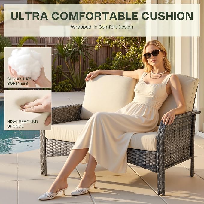 8-Piece Patio Furniture Set, Outdoor Wicker Furniture with Coffee Table, High Back Swivel Rocker Patio Chairs, Modern Rattan Outdoor Chairs Conversation Set for Porch, Balcony, Garden, Beige