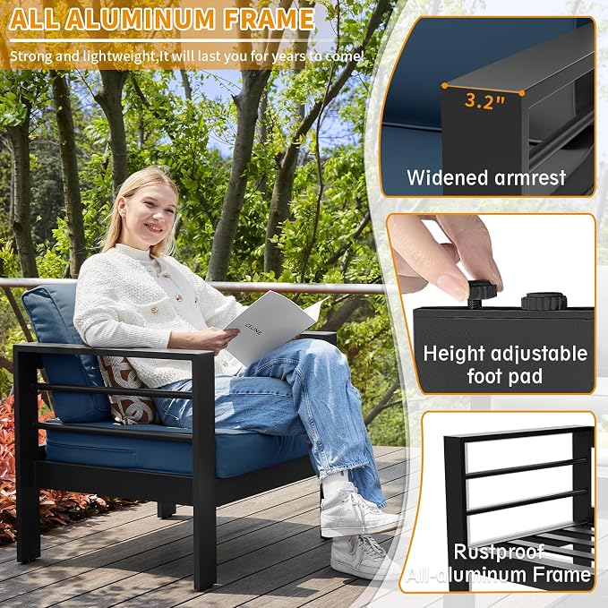 Aluminum Patio Set, 3-Seat Outdoor Furniture Set with 5 Inch Cushions, Patio Furniture Sets with Waterproof Covers for Backyard Garden(Grey&Blue)