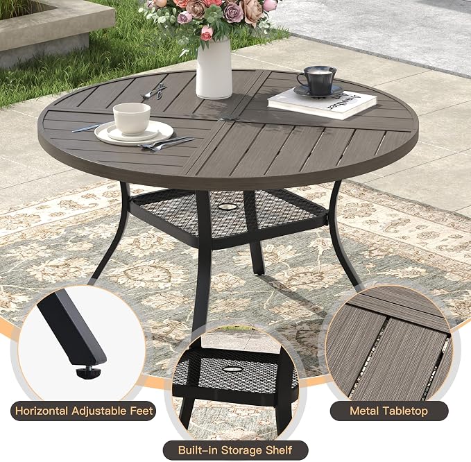 5 Pieces Outdoor Dining Set, Stackable Textilene Paito Chairs & 40.5" Round Dining Table with Umbrella Hole and Shelf, Patio Dining Set for Backyard, Deck, Garden, Grey