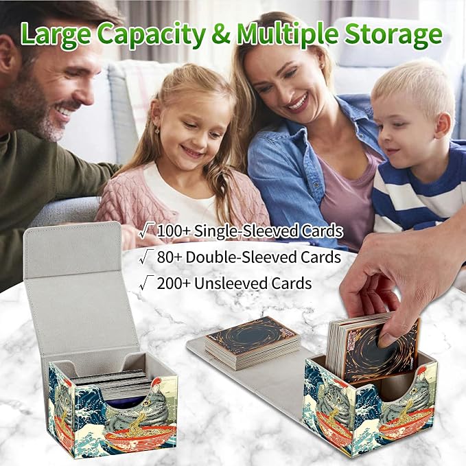 Card Deck Box for MTG, Cards Storage Box Fits 120+ Sleeved, Leather Small Size Strong Magnetic Closing Card Case for Board Games Magic TCG CCG Baseball Collection, Wave Noodles Cat