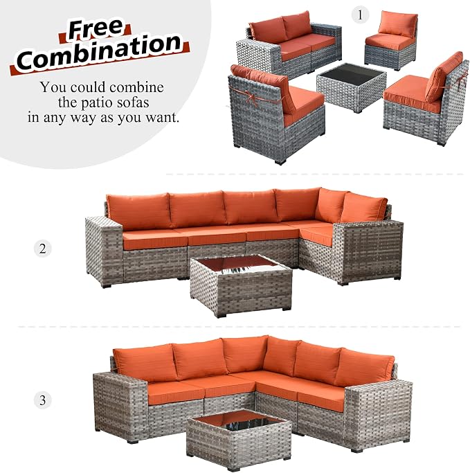 HOOOWOOO 9 Piece Modular Patio Outdoor Sectional Furniture Set with Gas Propane Fire Pit Table,Wicker Conversation Sofa Set with Swivel Chairs,Outside Couch Set(Orange Red)