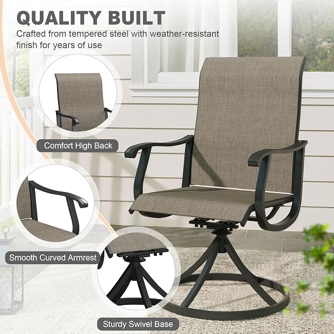 VICLLAX Patio 9 Pieces Outdoor Dining Set, 60" Round Metal Table with Umbrella Hole and 8 Swivel Textilene Chairs for Lawn, Garden, Porch, Walnut/Brown