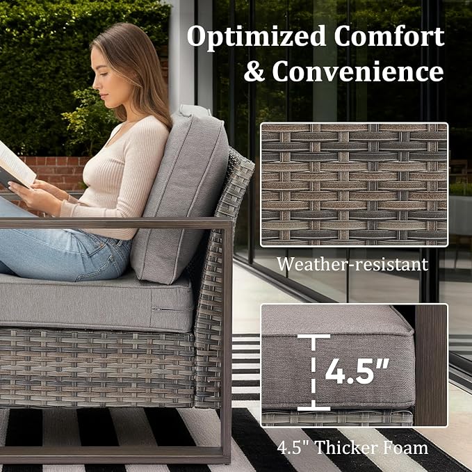 Outdoor Swivel Rocker Patio Chairs Set of 3, High Back Swivel Patio Chairs with Side Table & Metal Arm, Wicker Outdoor Bistro Set for Porch, Yard, Deck, Poolside, Grey/Grey