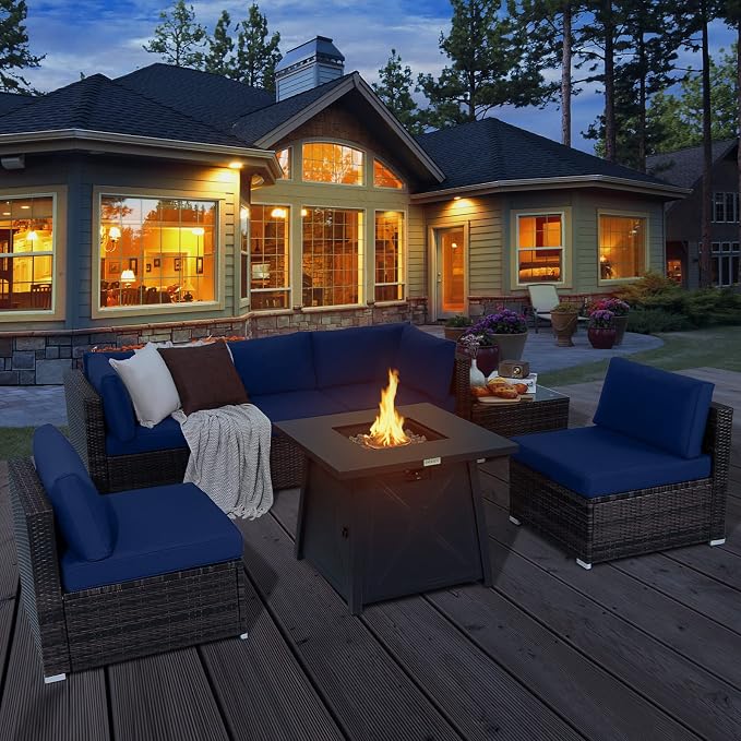 Tangkula 7 Piece Patio Furniture Set w/Fire Pit Table, Patiojoy Outdoor Rattan Conversation Sofa Set w/30 Square Propane Fire Pit Table, 50,000 BTU Heat Output, Protective Cover Included (Navy)