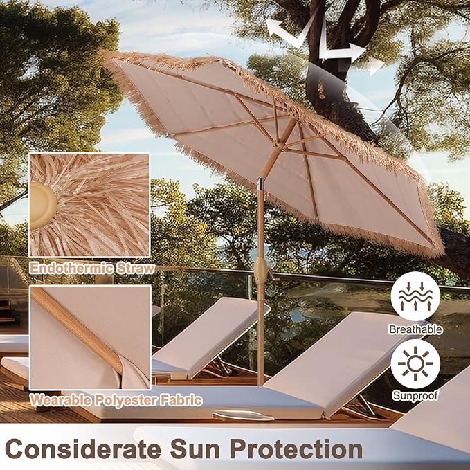 GDY 7.5ft Tiki Patio Umbrella and Base, Outdoor Table Umbrella with Crank, Market Umbrellas for Garden, Beach, Deck, Backyard & Pool