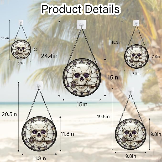 Stained Glass Window Hanging - Halloween Scary Skull Suncatcher for Doors Garden Home Spooky Purple Skeleton Key Sun Catchers Gothic Decor Horror Gifts for Women Men Friend Boy Girl 11.8 in