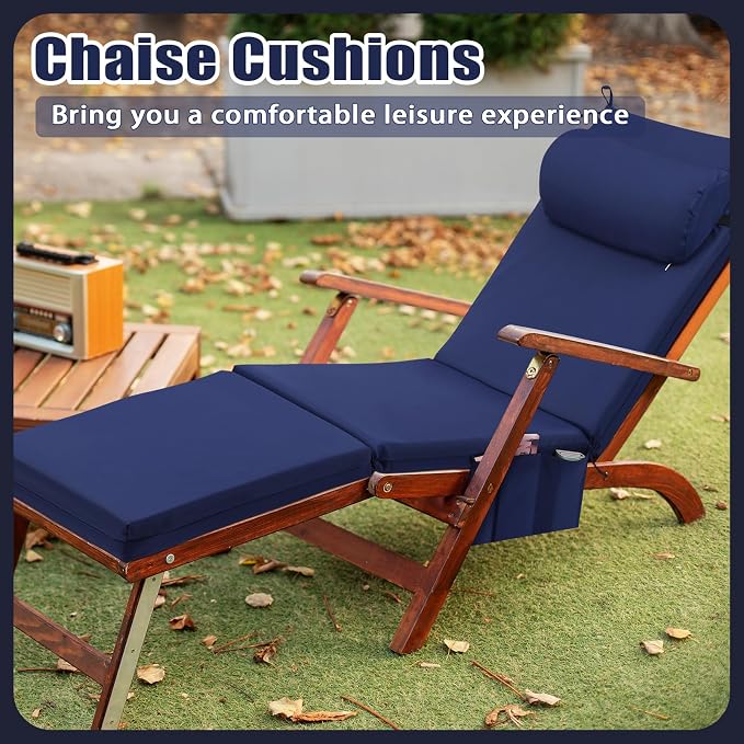RattanView 2 Pcs Outdoor Chaise Lounge Cushion with Pillow and Side Pockets Waterproof Lounge Chair Cushions for Outdoor Furniture Patio Lounger Pad for Outside Pool Lawn (Navy Blue,72 x 21 x 4)