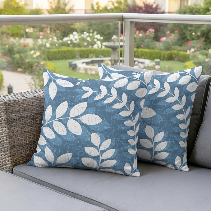 Lake Blue Leaves Outdoor Waterproof Throw Pillow Covers 26x26 Set of 2, Farmhouse Botanical Branch Vintage Boho Leaf Decorative Pillowcases Cushion Pillowcase for Couch Sofa Patio Pillow Protector