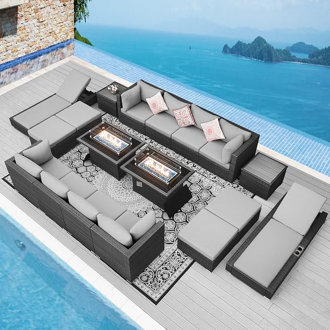 NICESOUL 18 Piece Extra Large Luxury Patio Furniture Set with Firepit, Outdoor Sectional w/Chaise Lounge, Comfy 29.3" High Back Couch Deep Seat, All-Weather Wicker Conversation Set, Light Gray