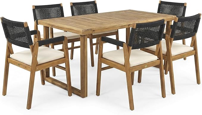 Christopher Knight Home Terry Acacia Wood Patio Dining Set for 6, Solid Wood Outdoor Dining Table Set for 6, 7 Piece Outdoor Dining Set with Rectangular Table and Woven Rope Accents, Teak+Beige+Black