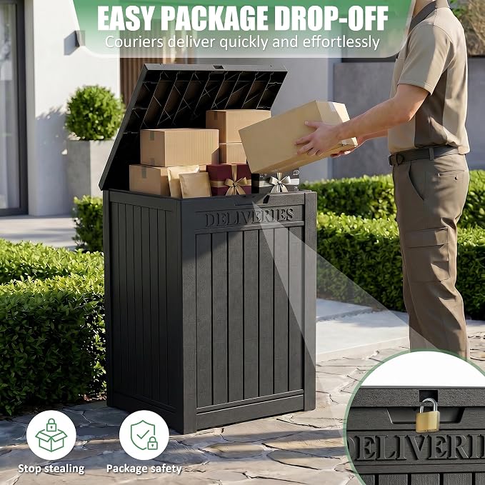 EasyUp Package Delivery Boxes for Outside, 55 Gallon Outdoor Parcel MailBox Drop Storage Deck Box Secure Resin Waterproof Lockable UV Resistant Patio Porch Mail Black