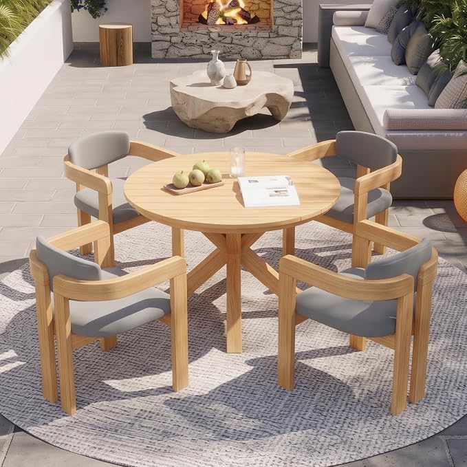Outdoor Patio Furniture Set of 5, Acacia Wood Round Dining Set with 4 Barrel Chairs & Non-Removable Cushion, 5-Piece Patio Furniture for Backyard Deck Poolside, Acacia Wood + Gray