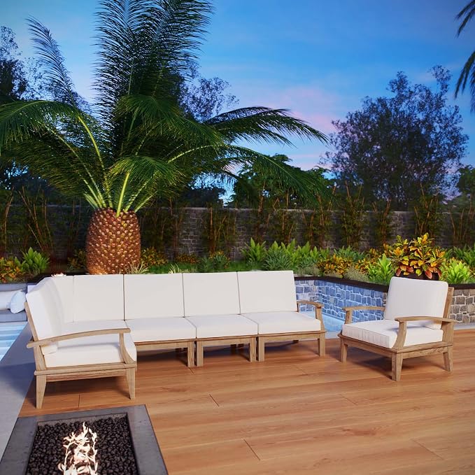 LexMod 6 Piece Marina Outdoor Patio Teak Sofa Set, 65 by 120 by 31.5", Natural White