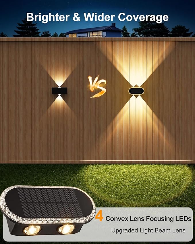 Solar Fence Lights Outdoor: IP65 Waterproof Wall Lighting with Dual Focused LED Up Down - 3000K/4000K/6000K 10-12H Lasting - Easy to Install for Backyard Patio Porch 8 Pack