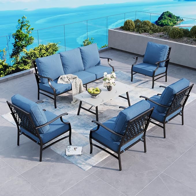 SUNSHINE VALLEY 6 Piece Metal Outdoor Patio Furniture Set, Patio Conversation Sets 1 3-Seater Sofa, 4 Fixed Chairs with 5.75" Thick Cushion and Coffee Table, Backyard Furniture Set for Deck, Navy
