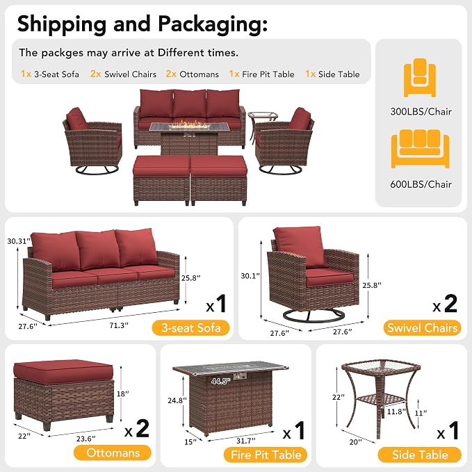 7 Pcs Outdoor Furniture with 44" Fire Pit Table, Rattan Patio Conversation Sets with Swivel Chair, Gas Fire Pit, Ottomans, Side Table, 4" Thick Cushion, for Backyard Garden Deck,Wine Red