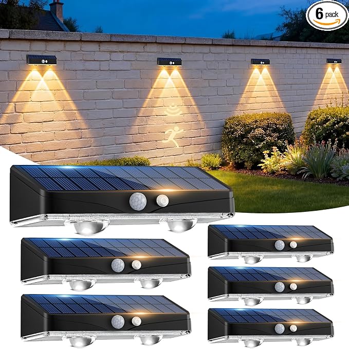 kolpop Solar Fence Lights Outdoor with Motion Sensor,Fence Lights Solar Powered,IP65 Waterproof,3 Modes LED Solar Lights for Patio,Backyard,Railing,Wall,Nighttime,Party,Pool,6 Pack,Warm White