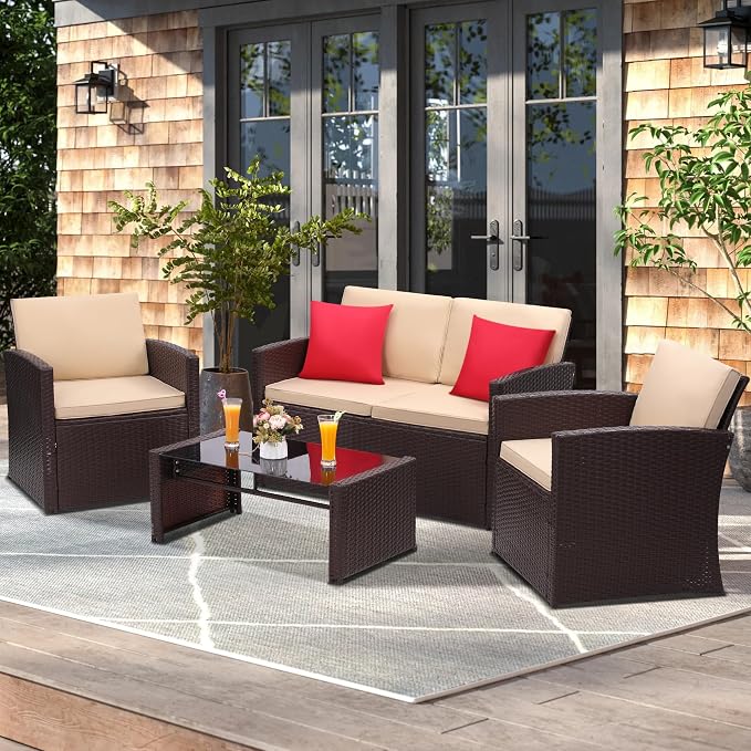 KROFEM 4-Piece Patio Furniture Set, Wicker Outdoor Rattan Sectional Sofa with Cushions and Glass Table, All-Weather Outdoor Conversation Set for Garden, Porch, Backyard, Patio, Beige