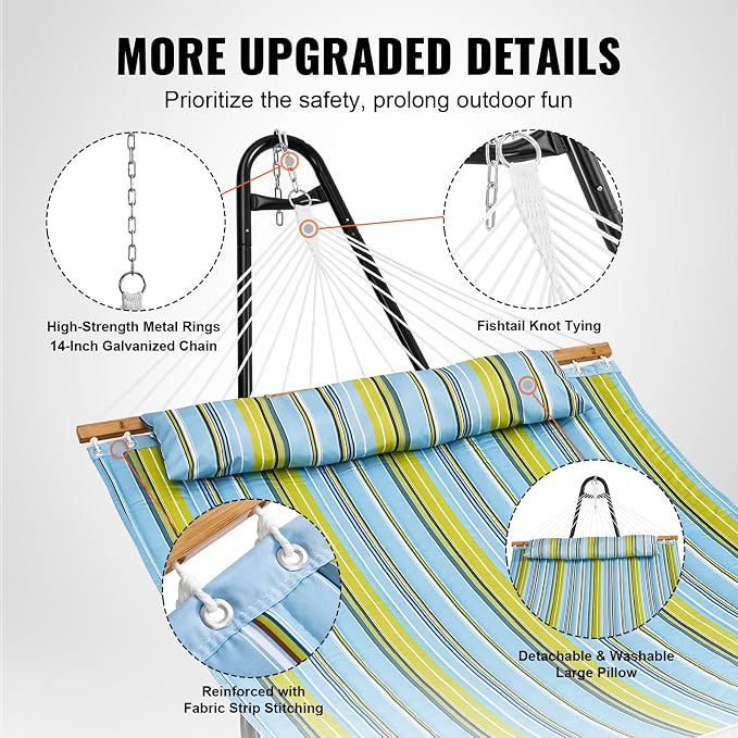 VEVOR Double Quilted Fabric Hammock with Universal Steel Stand, 2 Person Hammock with Stand, Detachable Pillow & Portable Bag 480lbs Capacity Free Standing Hammock for Outside, Patio, Garden, Beach