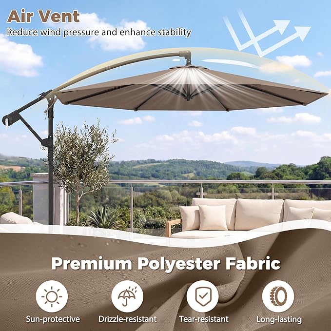 Tangkula 10ft Patio Umbrella with Base Included, Offset Cantilever Outdoor Umbrella with 360 Degree Rotation, 2 Sandbags, Crank Handle for Pool Deck Garden Backyard