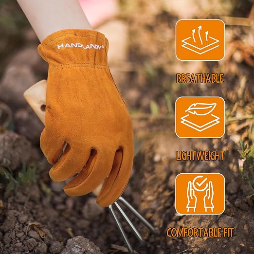 HANDLANDY Kids Leather Gardening Gloves, Kid Work Gloves, Orange, L | Durable Soft Breathable Yard Work Cycling Outdoor Playing Glove for Age 2-9, for Children, Boys, Girls, Toddlers, Great Gift