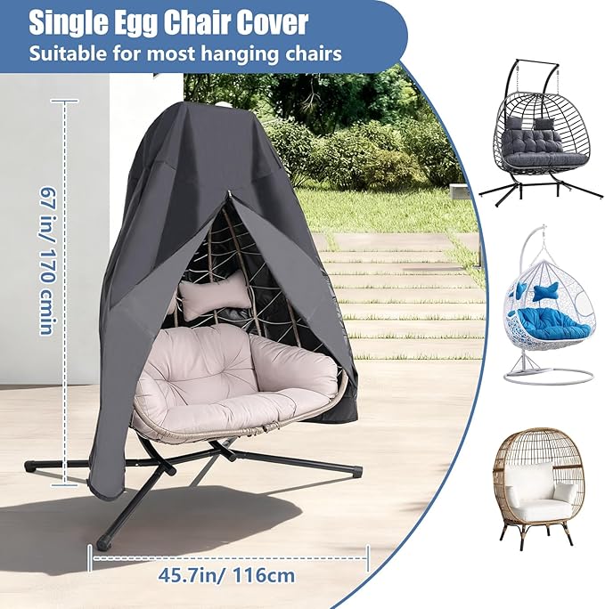 Patio Egg Chair Cover with Zipper Waterproof Heavy Duty Outdoor Hanging Chair Cover for Double Egg Swing Chairs All Weather Windproof UV Protection for Patio Furniture