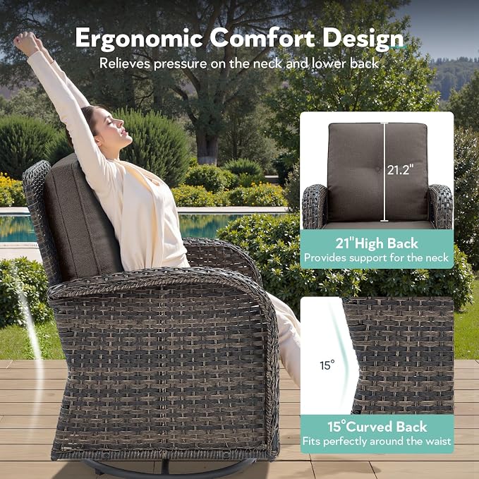 5 Piece Patio Furniture Set - Wicker Patio Conversation Set with Swivel Glider, Glider Loveseat, Tempered Glass Side Table and Coffee Table for Deck Backyard - Brown Wicker Grey Cushion