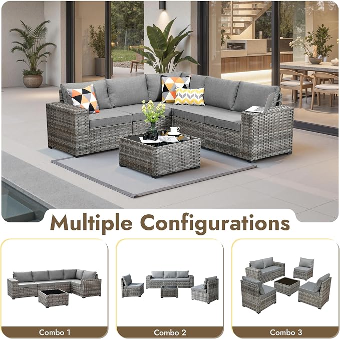6 Pieces Patio Furniture Set, Wicker Outdoor Sectional Sofa with Coffee Table Comfy Cushions,Modern Modular Deep Seat Rattan Couch Conversation Set for Backyard Porch Yard,Dark Grey