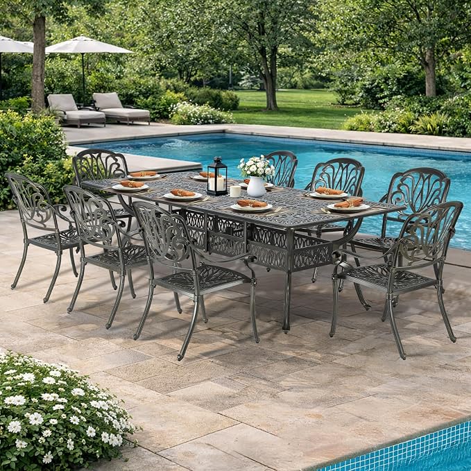 VIVIJASON 9-Piece Outdoor Dining Set, All Weather Cast Aluminum Retro Patio Furniture Table and Chairs Set for 8, Include 94.5" Rectangular Table and 8 Chairs with Umbrella Hole for Balcony Garden