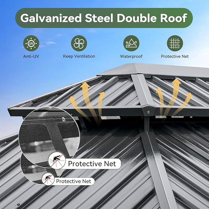 Aoxun 10Ft X 12Ft Hardtop Gazebo, Aluminum Metal Outdoor Gazebo with Breathable Netting and Curtains, Galvanized Steel Double Top, Permanent Patio Pavilion for Backyard, Wedding, Party