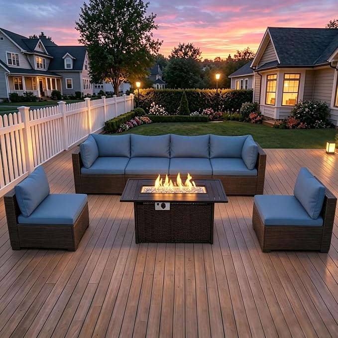 LEVELEVE 8-Piece Wicker Patio Conversation Set with 44" Propane Fire Pit Table, Cozy Outdoor Sectional Sofa for Backyard Gatherings, Poolside Lounging & Garden Parties
