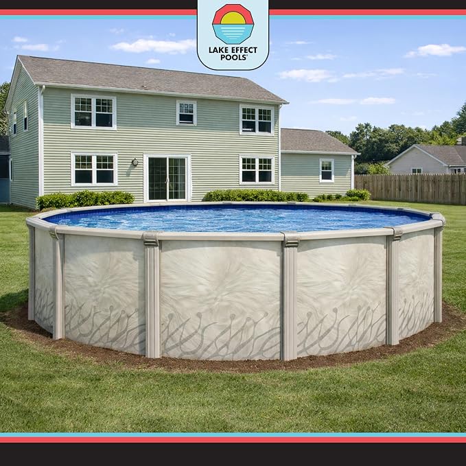 Lake Effect Pools 'Meadows' 30 ft Round Above Ground Swimming Pool | 52 Inch Steel Side Walls | Kit Includes: 25 Gauge Overlap Liner & Widemouth Skimmer