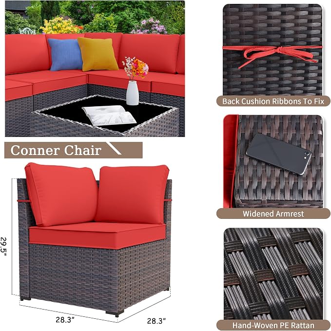 Kurapika 7 Pieces Patio Furniture Set, Rattan Wicker Outdoor Conversation Sets w/43in Propane Fire Pit Table and 4 Inch Cushion(Red)