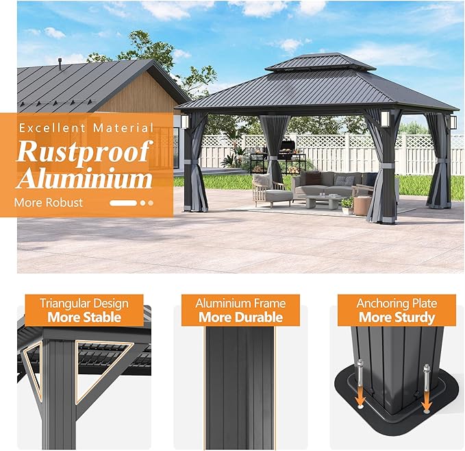 GARTOO 12'x14' Outdoor Hardtop Gazebo with Double Roof - Heavy-Duty Galvanized Steel Top Aluminum Frame Gazebowith Solar LED Light, Breathable Netting & Privacy Curtain for Patio,Garden, Backyard