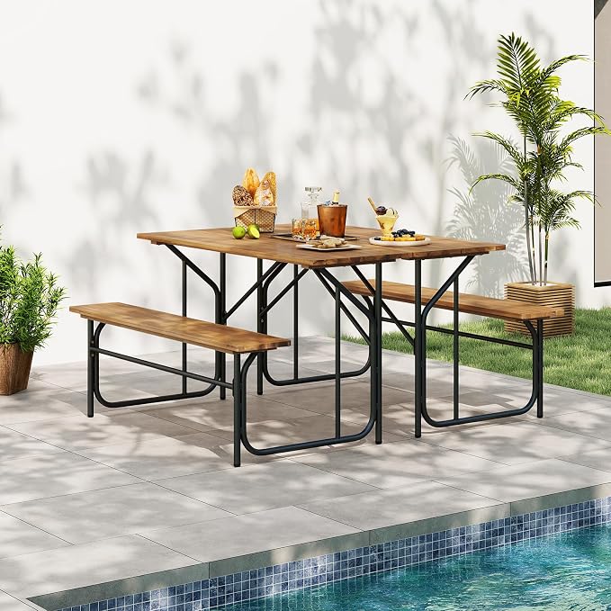 Tangkula Patio Dining Bench Set for 4, Heavy-Duty Outdoor Acacia Wood Dining Furniture with Metal Legs for Balcony, Backyard, Poolside, Garden (2,52” x 32” x 29.5”)