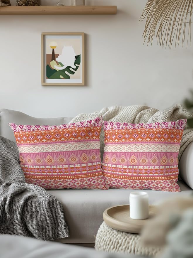 Waterproof Outdoor Pillow 1 Pack Red Bohemian Decorative Throw Pillows Cover & Insert 16x16 Inch Pillowcase Boho Style Floral Leaves Geometric Pillows for Couch Sofa Bed Patio Furniture Indoor Outdoor