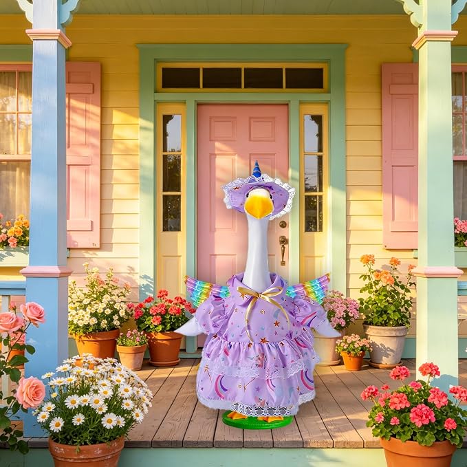 Purple Unicorn Porch Goose Outfits for 23 Inch Lawn Statue, Dress with Wings Hat Colorful Horn Set, Garden Party Birthday Outdoor Decoration, Costume for Plastic Cement Goose