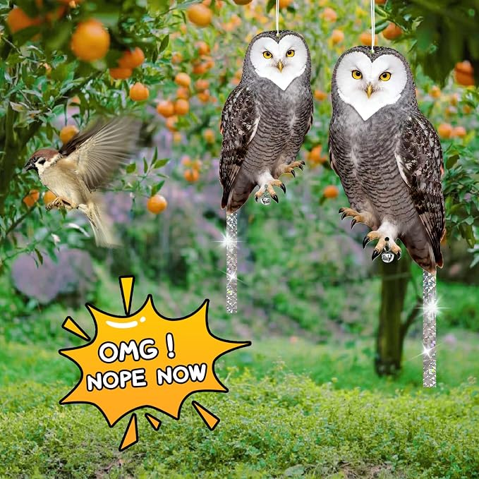 Owls to Keep Birds Away: 3Pcs Fake Owl with Reflective Tape for Orchard Garden Patio Pool, Reflective Hanging Decoration to Keep Birds Pigeon from Windows Tree Vineyard