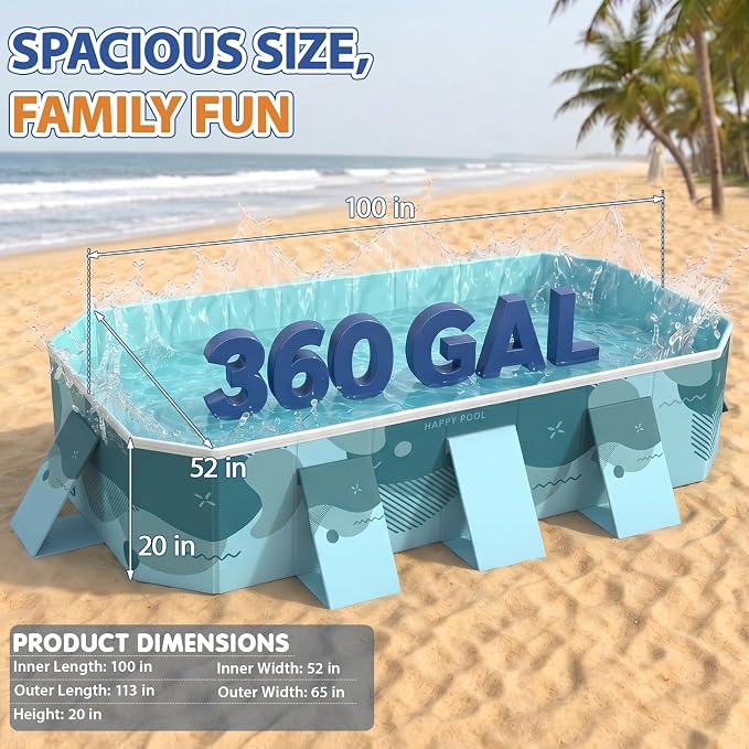 113" Foldable Pool for Adults & Kids, Large Capacity Non Inflatable Pool, Portable Hard-Side Foldable Swimming Pool, Above Ground Pool for Indoor Outdoor Backyard, Garden & Patio (Film Green)