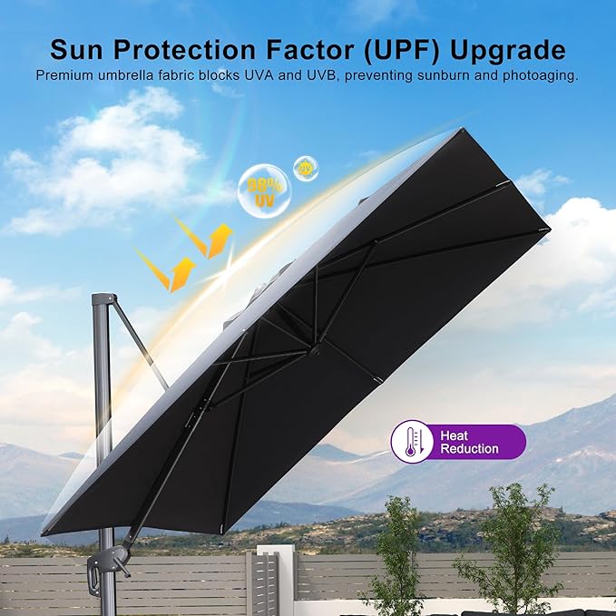 PURPLE LEAF Patio Umbrella 8' X 8' Rectangle Cantilever Umbrella Large Aluminum Outdoor Umbrellas with 360-degree Rotation & UPF40+ Premium Fabric for Deck Pool Garden Yard, Graphite Grey