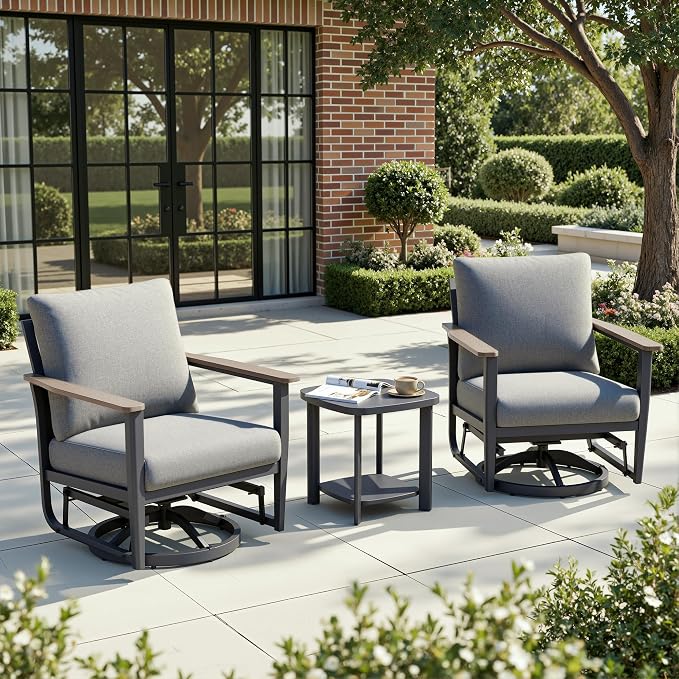 3-Piece Patio Rocking Swivel Chair Outdoor Aluminum Bistro Set with Coffee Table, Outdoor Patio Furniture Set with High Backrest & Thickened Cushions for Garden, Deck and Balcony, Grey