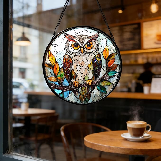 DASTOLL Stained Glass Window Hanging, Owl Colorful Leaves Birds Sun Catchers Diamond Glass Panel Hangings Suncatcher Decor for Birthday for Women, Men, Wife, Aunt, and Mom 11.8x11.8 in