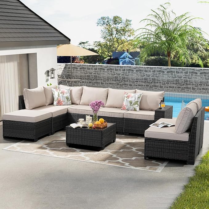 JOYURE 9 Pieces Patio Furniture Set All-Weather Outdoor Wicker Sectional Conversation Sofa Rattan Patio Seating Sofa with Cushion and Glass Table and Ottoman for Porch Poolside,Beige
