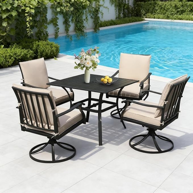 LVUYOYO 5-Piece Outdoor Patio Dining Set, Metal Swivel Chairs & Square Table Set, All-Weather Furniture for Backyard, Garden,Balcony,Porch (1 Square Table+ 4 Swivel Chairs)