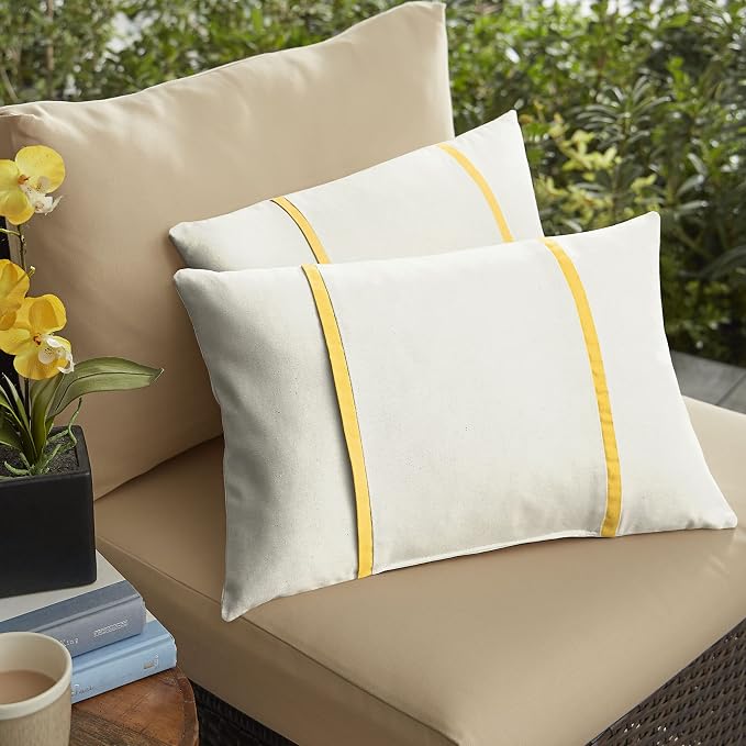 Sorra Home x Sunbrella - Indoor/Outdoor Lumbar Pillows (Set of 2), Canvas Natural Ivory & Yellow
