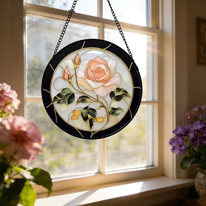 Stained Glass Window Hanging - Black White Pink Rose Sun Catcher for Door Home Decor Flower Suncatcher Christmas Mother's Day Birthday Gifts for Women Men Lovers Mom Nana 7.8 in