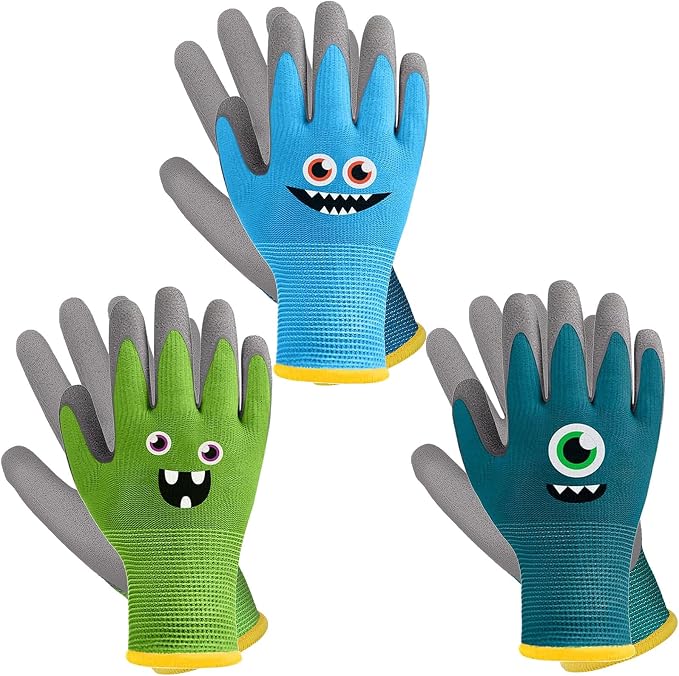 3 Pairs Kids Work Gardening Gloves (Multicolor (Age 9-11)) | Children Yard Work Gloves Breathable Rubber Coated Garden Gloves for Toddlers Girls Boys