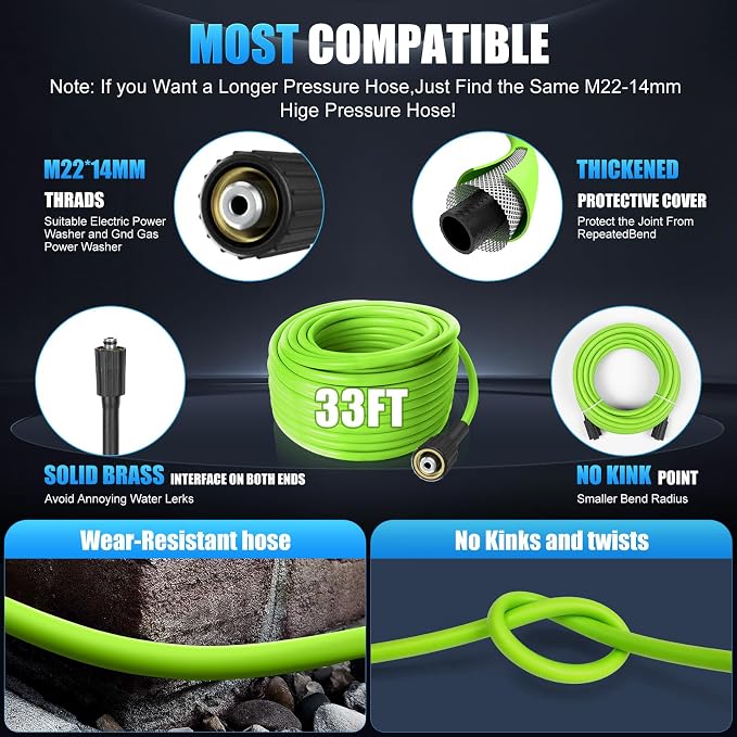 Adjustable Electric Pressure Washer 5000PSI with 33FT Flexible Extension Hose + 34FT Power Cord, 4 Nozzles, Foam Cannon, Best Power Washer for Cars, Patios, Driveways, Blue