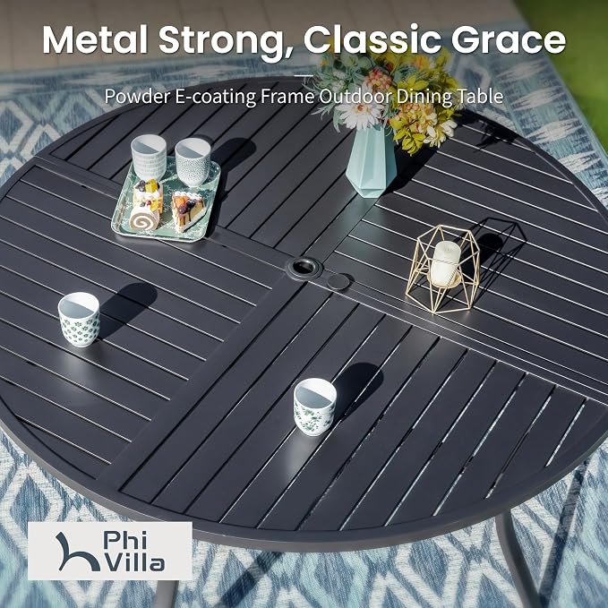 PHI VILLA Patio Dining Set, Swivel Chairs&Round Steel Table | Swivel Metal Steel Chairs with Cushions, Large Modern Furniture for Patio, Deck, Backyard, Porch